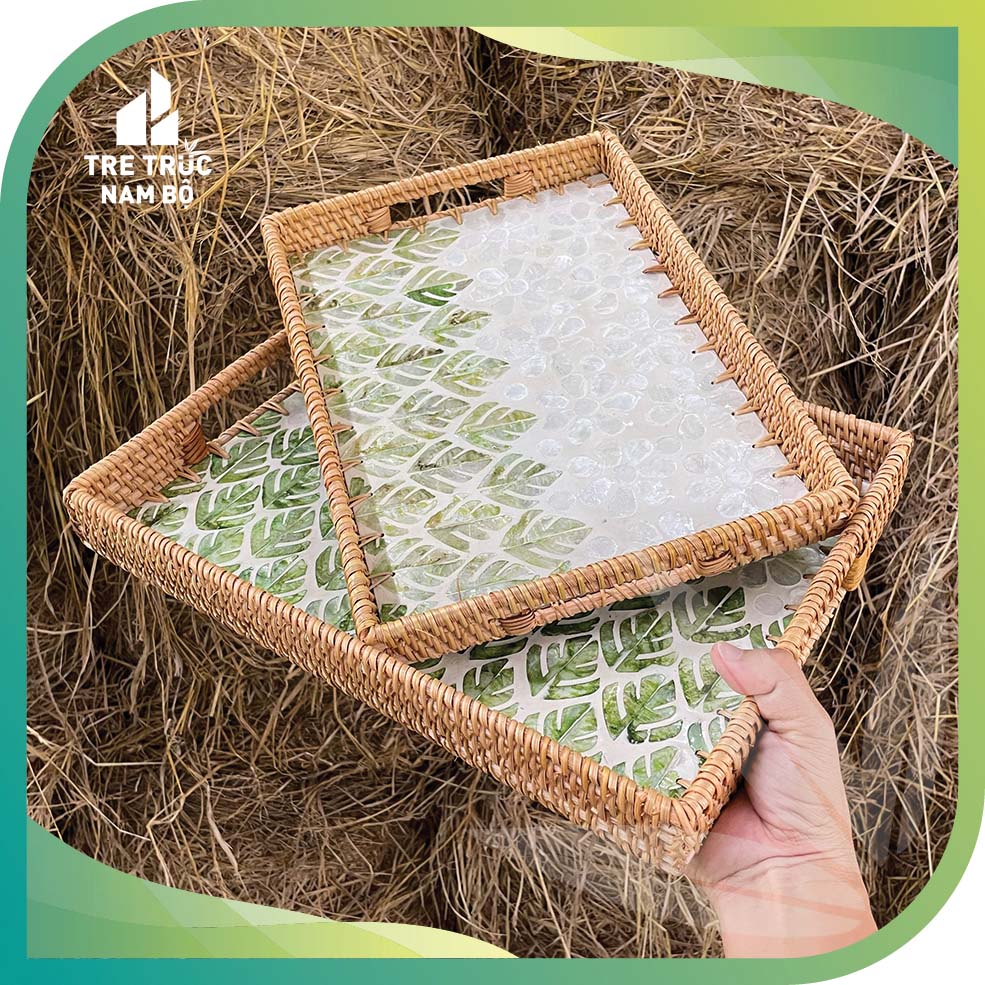 Khay mây chữ nhật khảm trai decor đồ ăn,trang trí tiệc