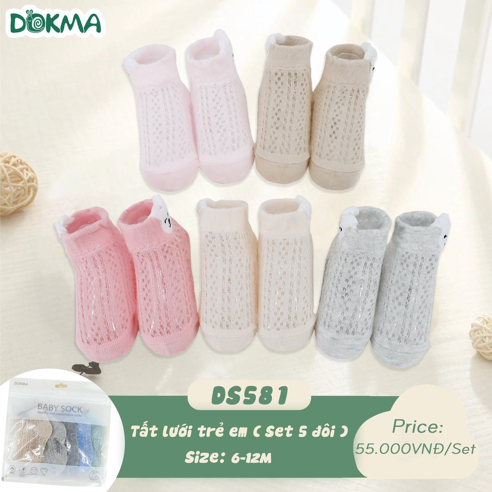 Tất lưới sơ sinh Dokma set 5 đôi dùng 4 mùa