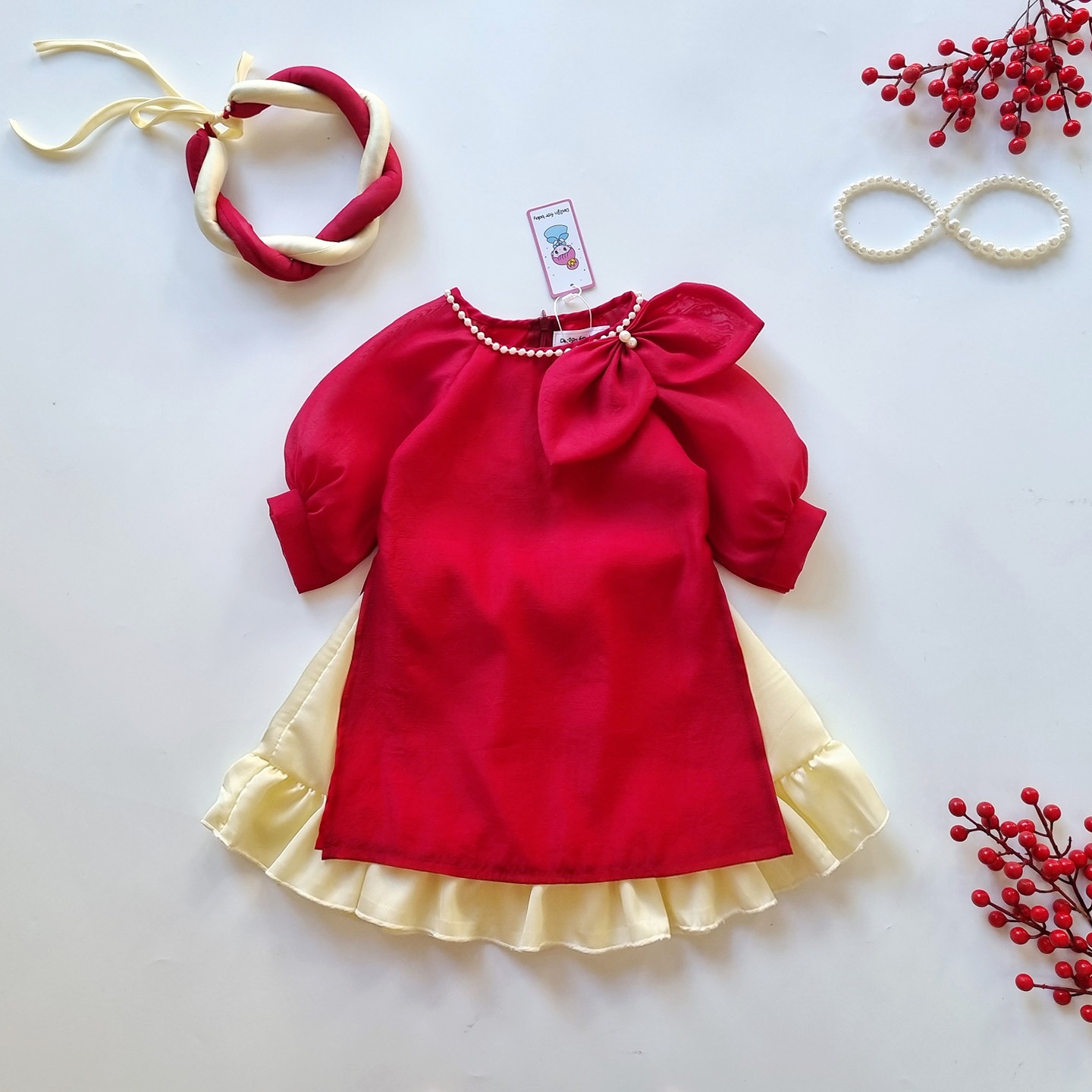 Áo Dài Cách Tân Nơ Đỏ Cao Cấp Bé Gái Áo Dài Tết Bé Gái Kèm Chân Váy & Mấn Đội Đầu Từ 6-30kg. Chất Lụa Nến Phối Lót Lụa Habutai Mềm Mại.