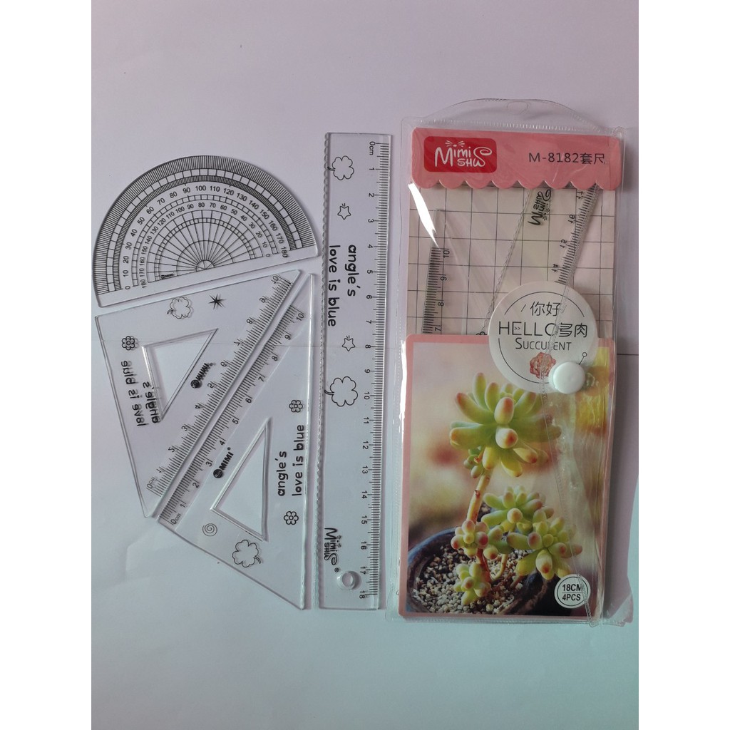 Bộ Thước Kẻ 18Cm 8182 (Gồm 4 Món: Thước Kẻ, 2 Eke, Thước Đo Độ)