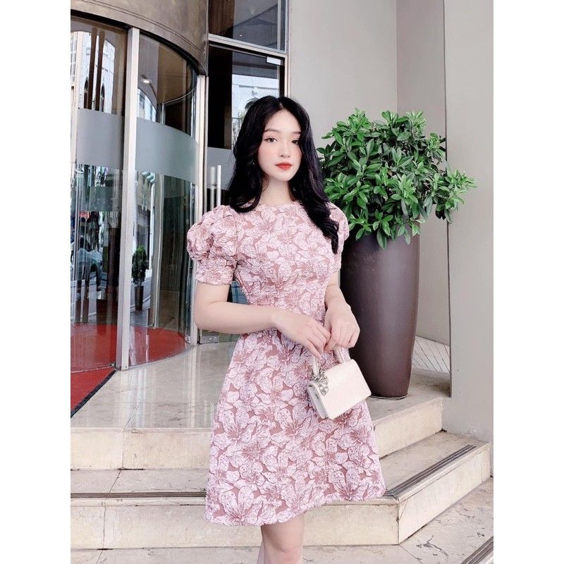 [HCM]Váy gấm xòe hoa hồng hở lưng DN308