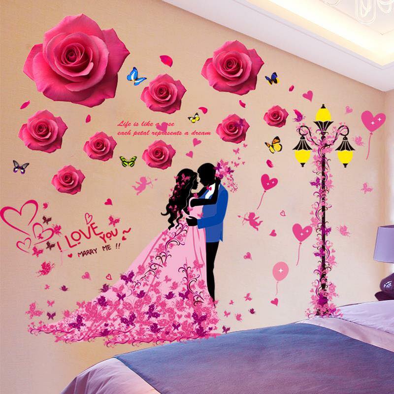 [HCM]DECAL DÁN TƯỜNG HOA HỒNG VÀ ĐÔI TÌNH NHÂN 5