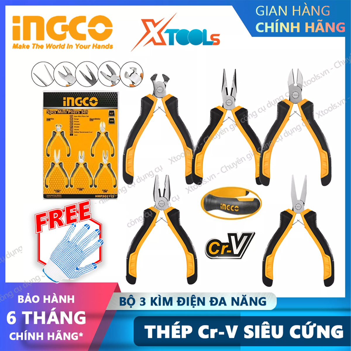 Bộ 5 kìm mini đa năng cách điện INGCO HMPS01115 kềm cắt kẹp tuốt cắt đứt dây điện cáp thép Cr-V siêu cứng bền