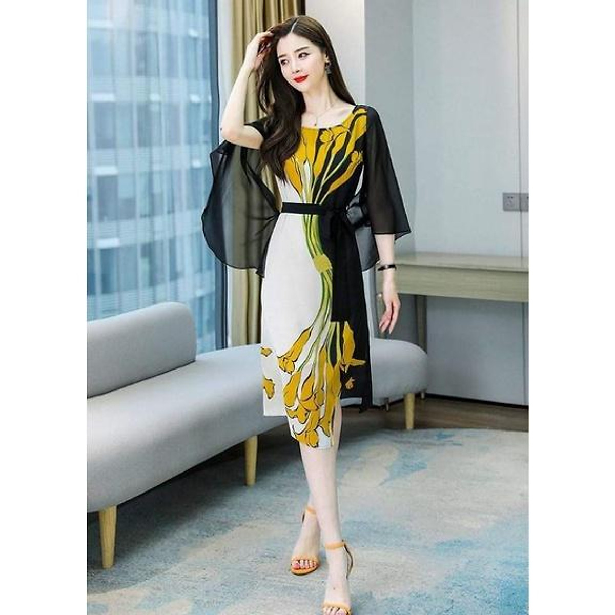 ĐẦM SUÔNG HOA RUM VÀNG THẮT NƠ EO