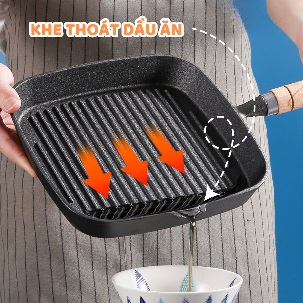Chảo Nướng BBQ Hàn Quốc 22CM, Chảo Gang Đúc Thủ Công Siêu Chắc Chắn, Áp Chảo Bò Bít Tết Biến Bạn Thành 1 Đầu Bếp Khi Mua Nó