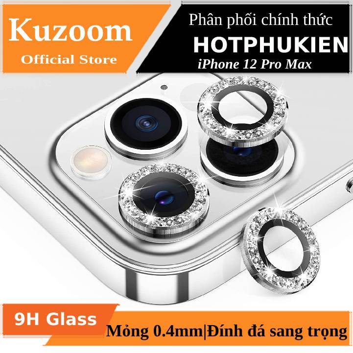 Bộ miếng dán kính cường lực Camera Diamond đính đá cho iPhone 12 Pro Max hiệu Kuzoom Lens Ring bảo vệ camera mang  lại khả năng chụp hình sắc nét full HD (độ cứng 9H, chống trầy, đính đá sang trọng)  - Phân phối bởi Hotphukien