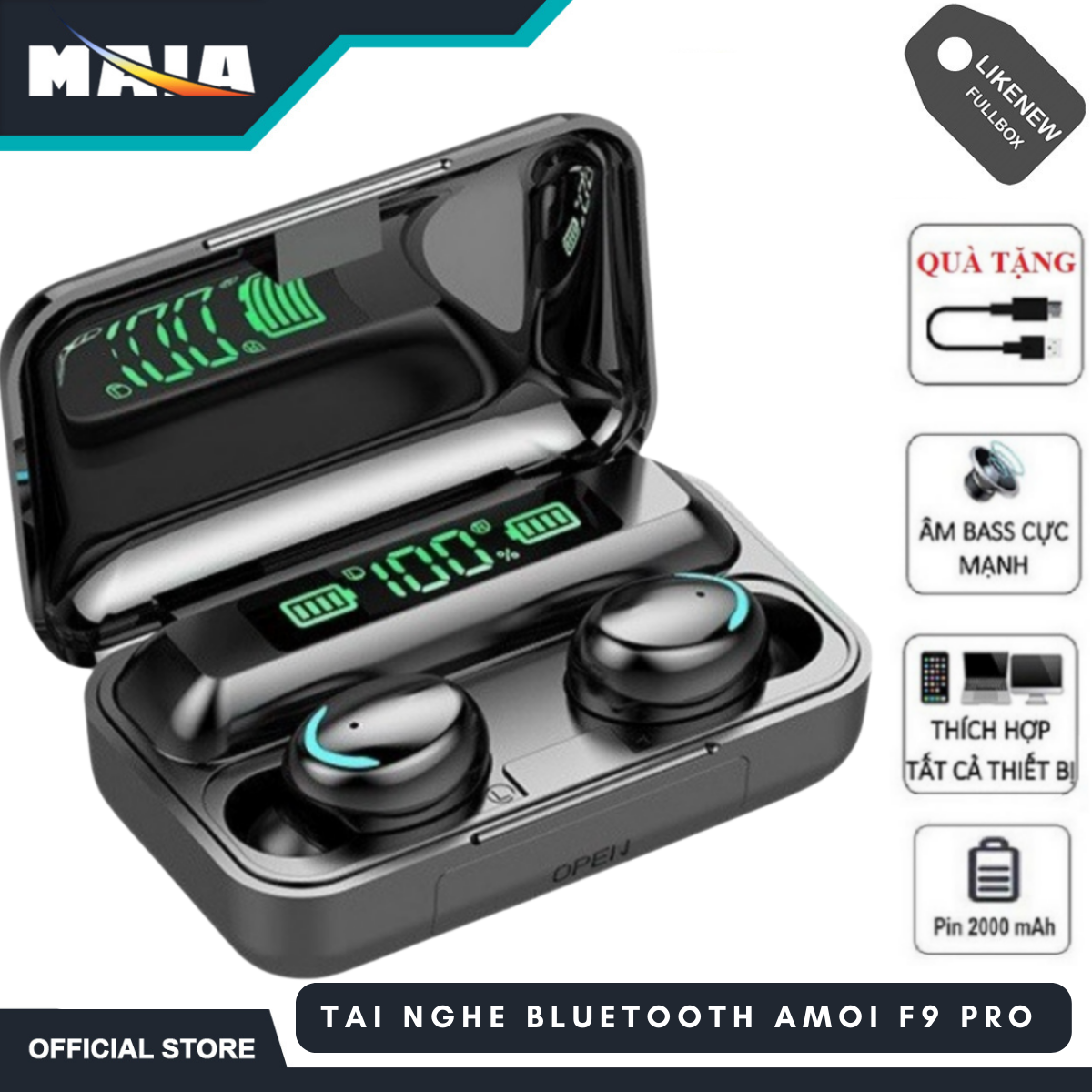 Tai Nghe Bluetooth F9 Pro, Tai Nghe Không Dây Bluetooth 5.0 kiêm sạc dự phòng Cảm Ứng Vân Tay, Dock Sạc Có Led Báo Pin Kép, Âm Bass Êm Và Sâu, Chip AIC Chống Gây Chói Tai - Thiết Kế Thời Thượng, Hiện Đại, Bắt Mắt.