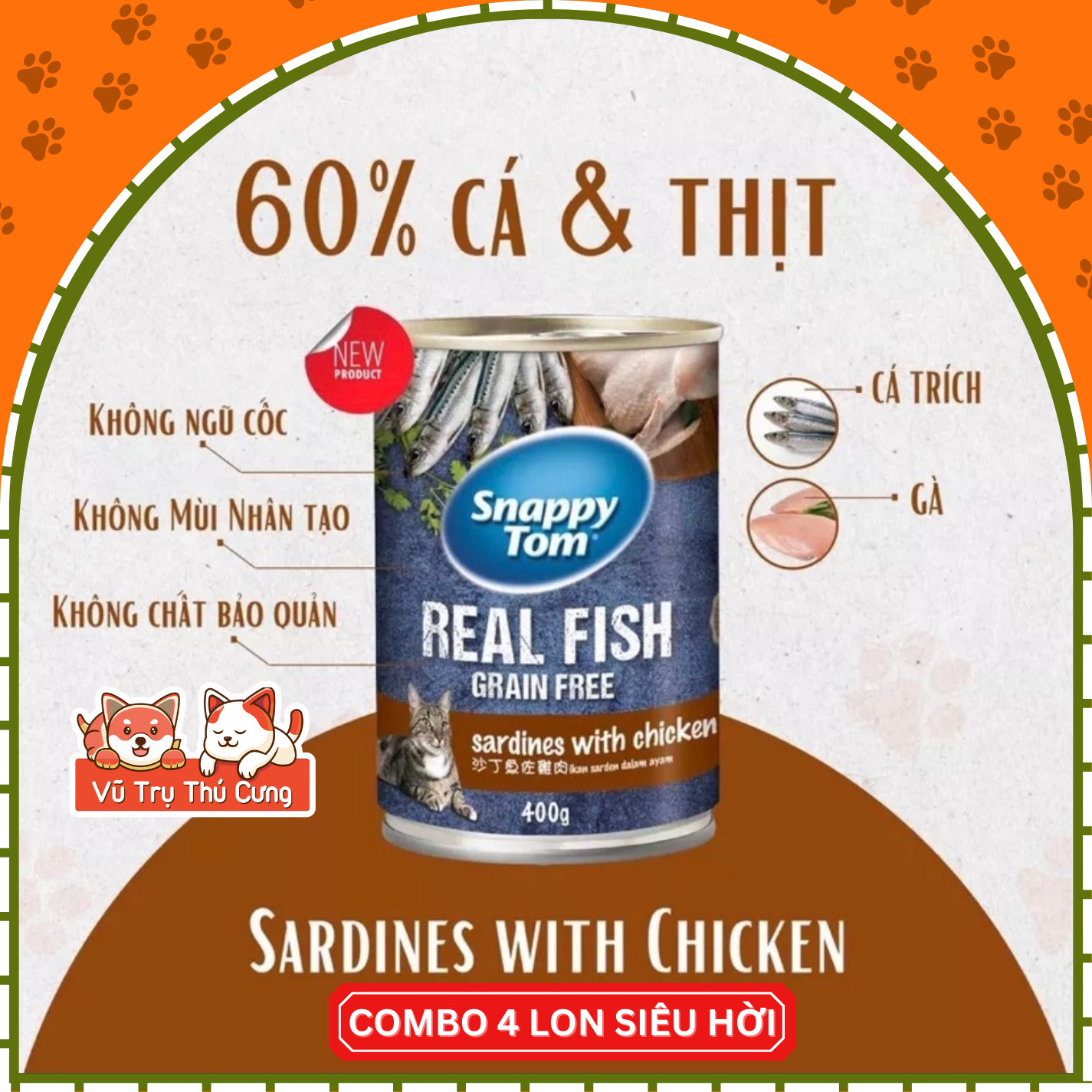 Combo 4 lon Pate Lon Snappy Tom Real Fish cho Mèo 400g với hàm lượng dinh dưỡng cao từ cá trích thật
