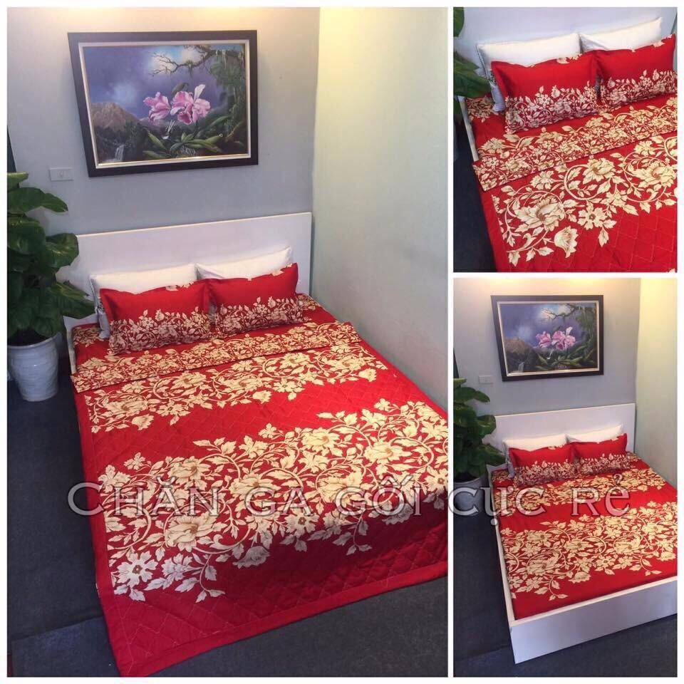 BỘ CHĂN GA COTTON POLY 5 MÓN HOA DÂY ĐỎ 1m6 x 2m - ( 1 Drap + 2 Áo Gối + 1 Áo Gối Ôm + 1 Chăn)