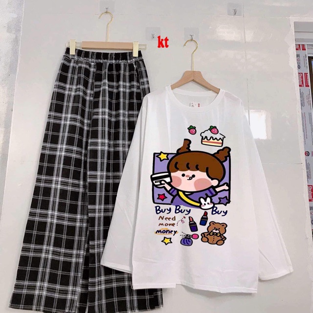 [FREESHIP] Bộ áo thun dài tay cô gái mua đồ + quần kẻ caro ống suông rộng, cam kết sản phẩm đúng mô tả, chất lượng đảm bảo