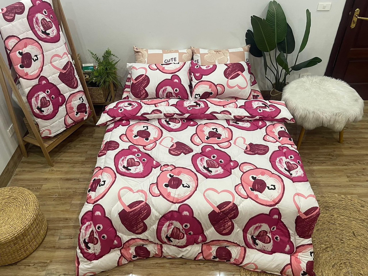 Bộ Chăn Ga Gối Hè Thu 5 Món, Chất cotton poly ( Gồm 1 Chăn Hè, 1 ga bo chun,2 vỏ gối nằm và 1 vỏ gối ôm)