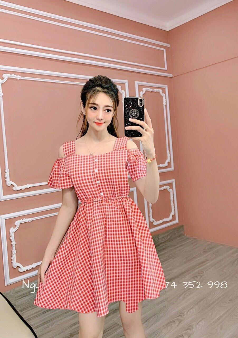 [HCM]ĐẦM DÁNG XÒE CARO VẢI THUN AD