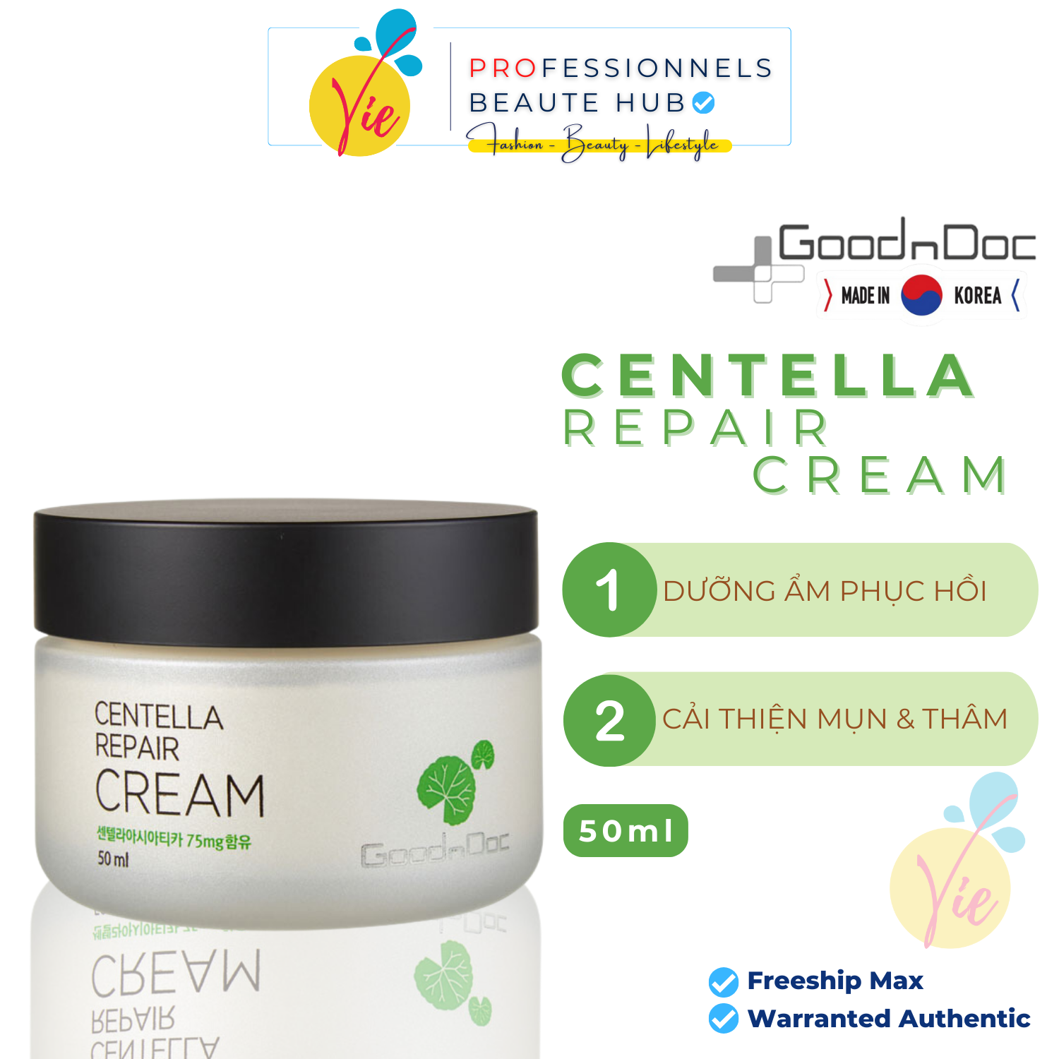 Kem Dưỡng Rau Má Dưỡng Ẩm Phục Hồi Da GoodnDoc Centella Repair Cream 50ml
