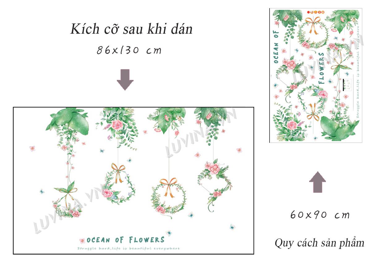 DECAL DÁN TƯỜNG LÁ GIỎ TREO HOA