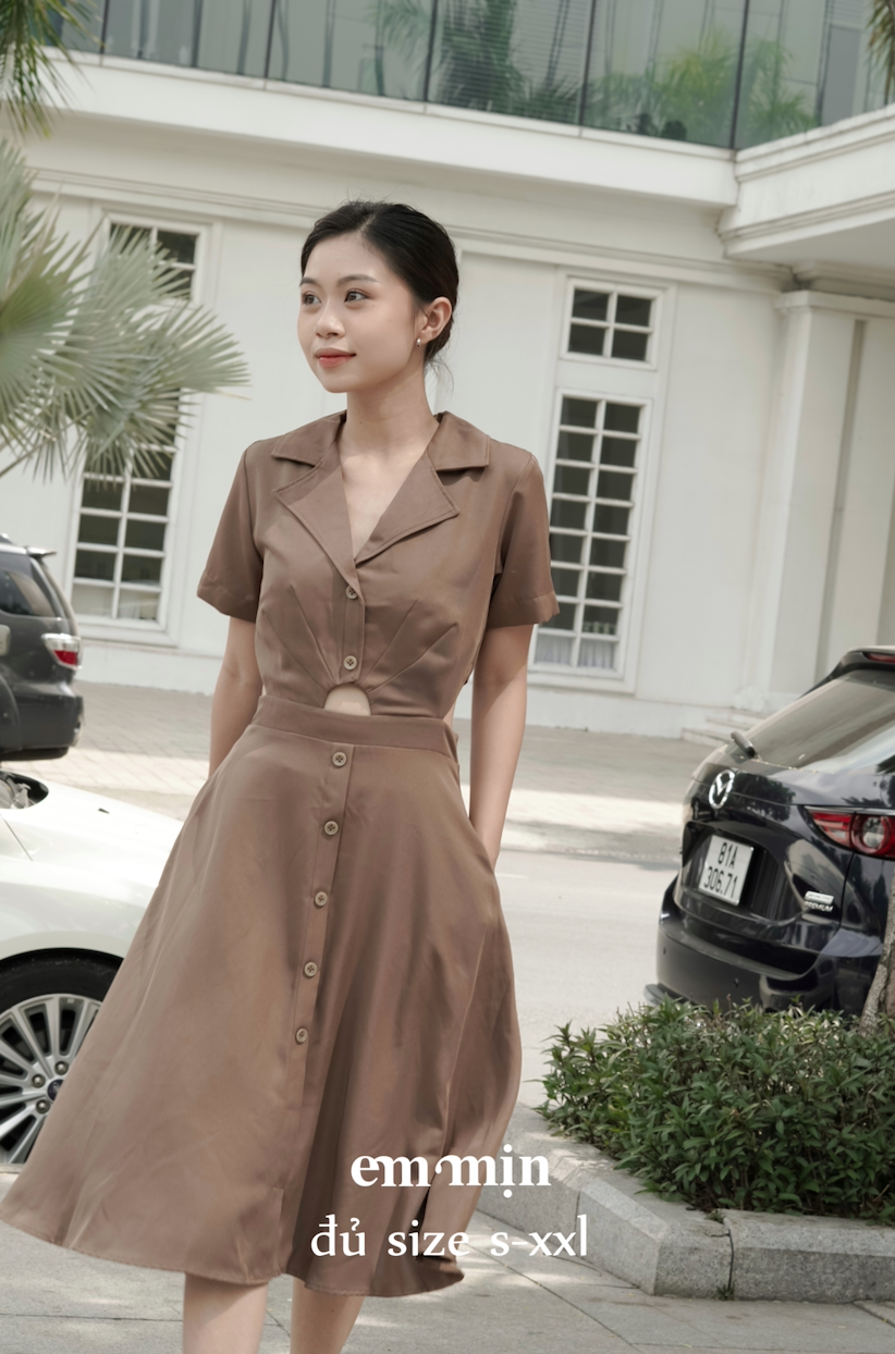Đầm sơ mi khoét eo 2 Lớp Mịn Mát dáng chữ A
