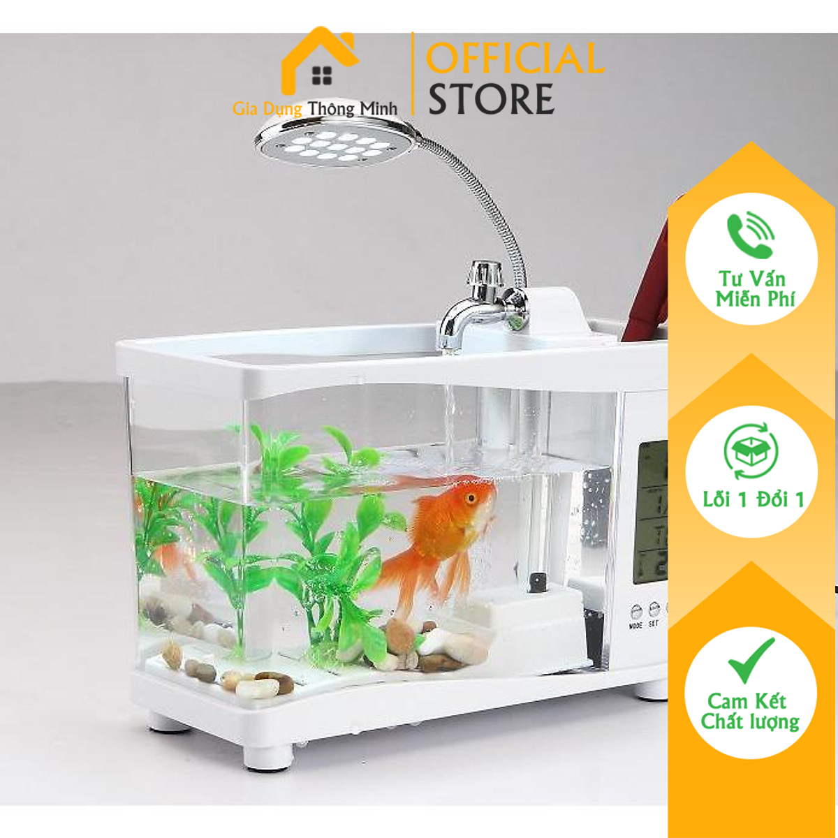 Bể Cá Mini Hồ Thuỷ Sinh để bàn [ Đồng Hồ + Đèn Bàn + Sỏi + Cây trang trí ]
