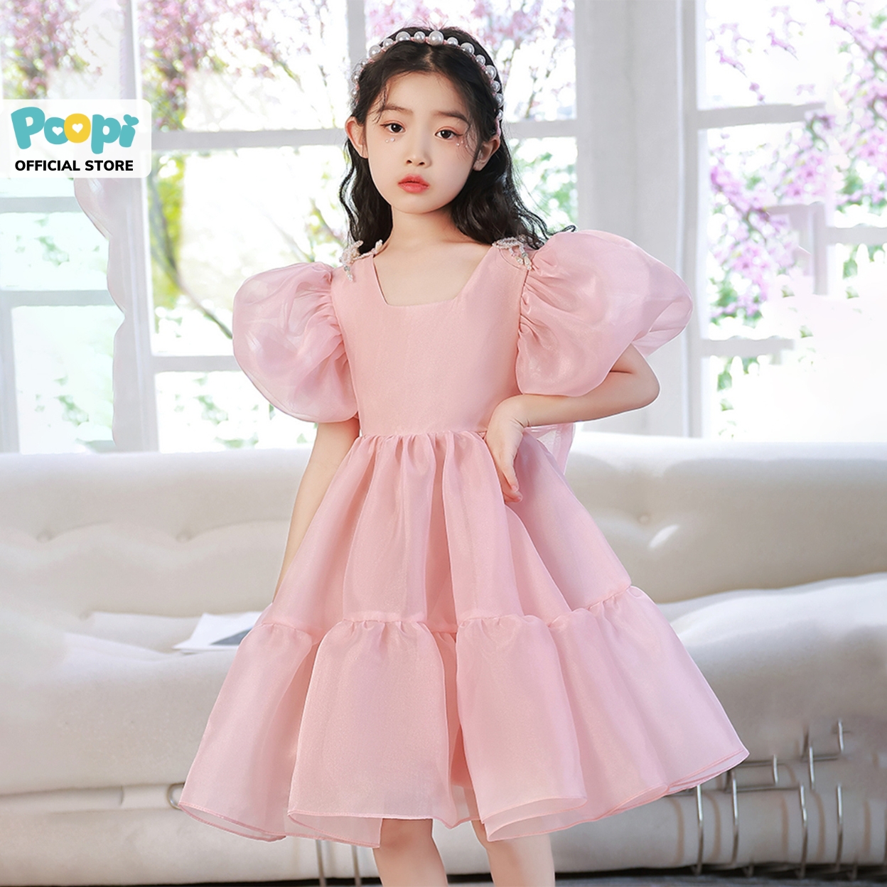 Đầm công chúa bé gái poopi thiết kế xoè bồng màu hồng dịu, váy dự tiệc cho bé