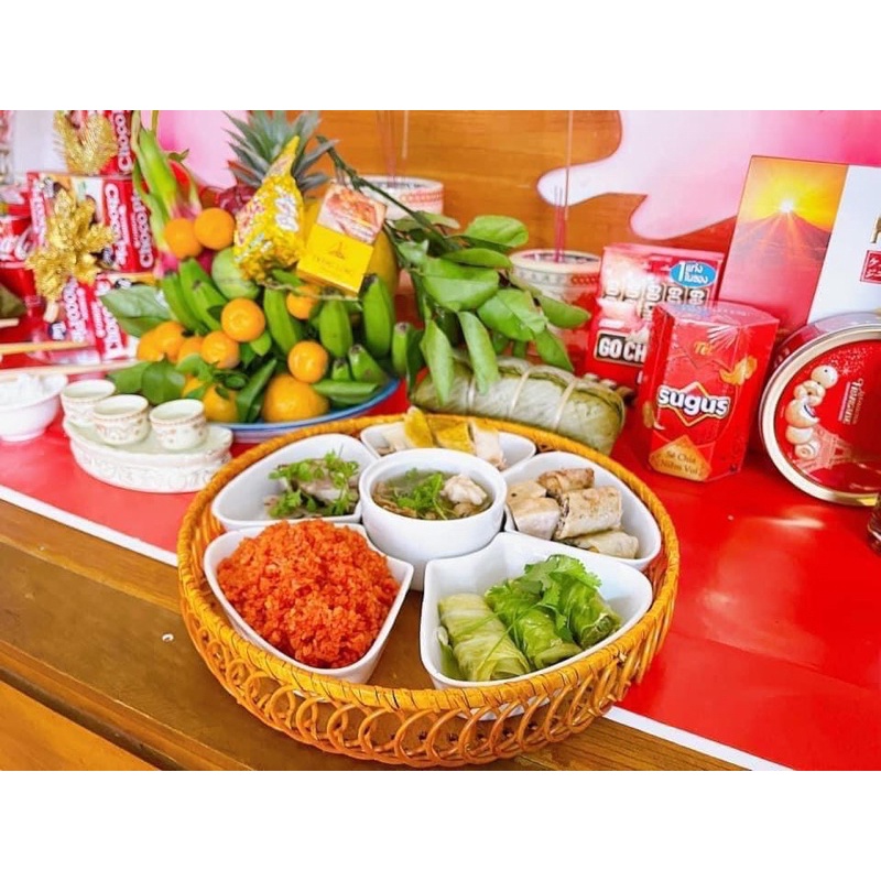 Bộ đĩa 5 cánh hoa đào sứ bát tràng kèm khay