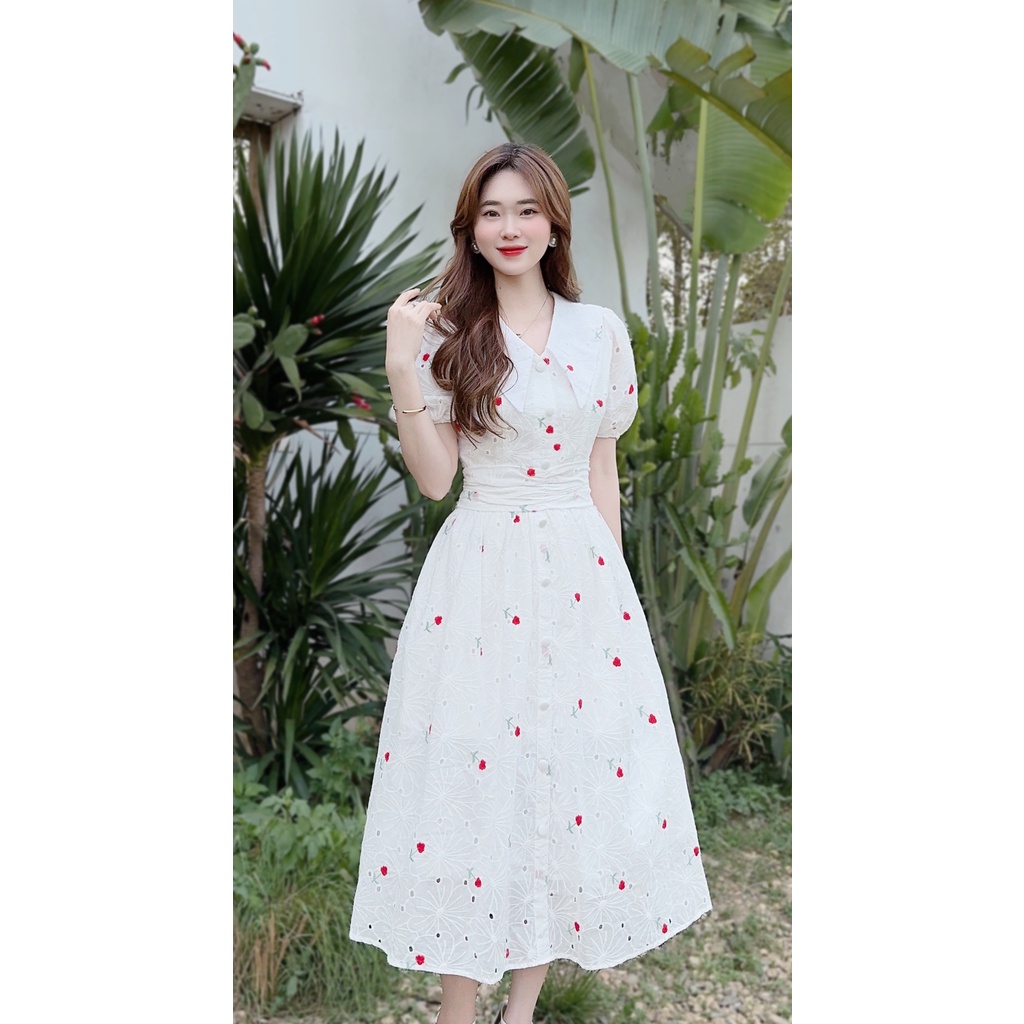 Váy chấm bi dáng dài đi tiệc thiết kế sang trọng vải tơ hoa Tahe V251