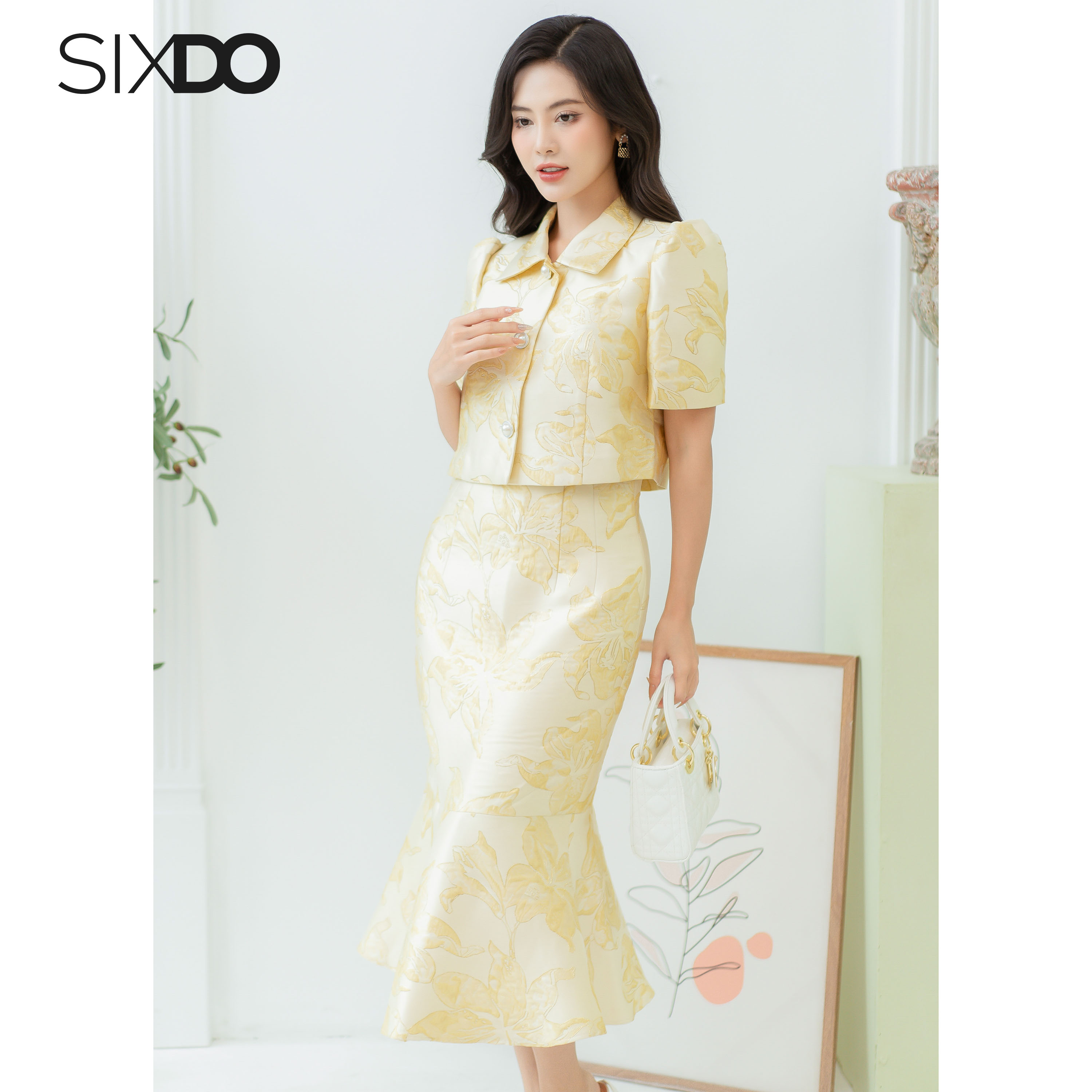 Chân váy gấm đuổi cá SIXDO (Light Yellow Lily Midi Brocade Skirt)