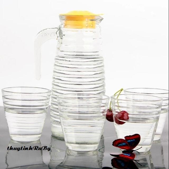 BỘ BÌNH NƯỚC THỦY TINH 5 MÓN - BÌNH LY THỦY TINH (MÀU NGẪU NHIÊN)
