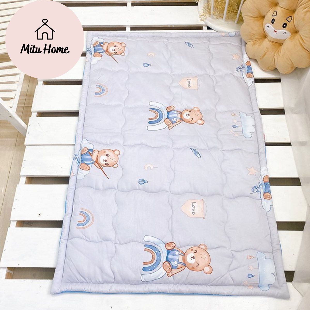 Nệm Mitu Home cho bé sơ sinh mầm non tiểu học, nệm chống thấm, vải lụa Tencel mềm mịn mát, nhiều họa tiết đáng yêu, dùng lót nôi cũi, ngủ trưa