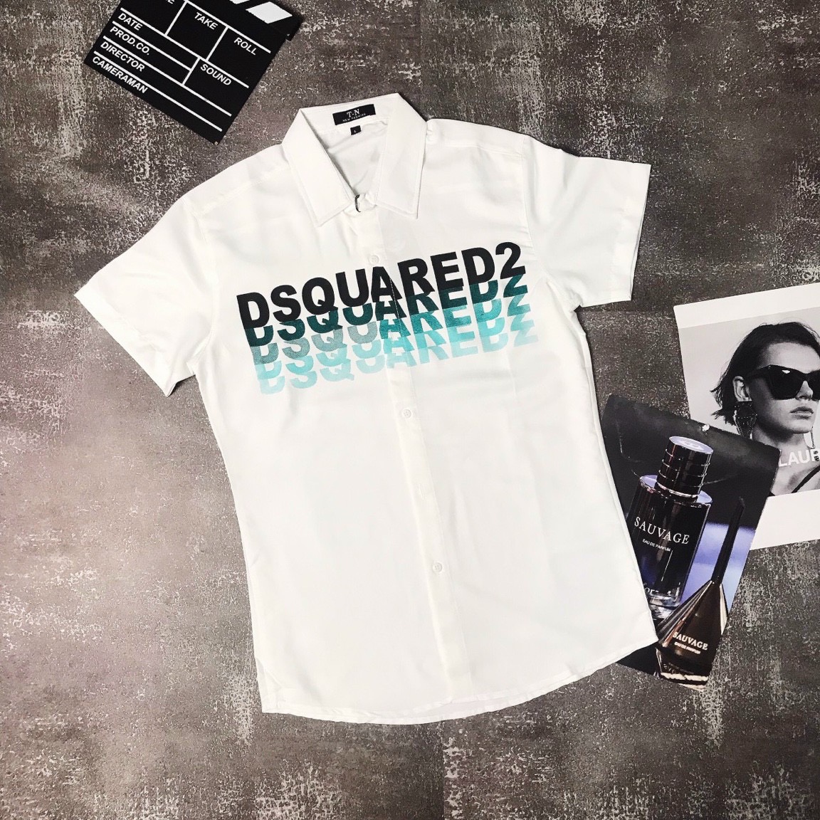 Áo sơ mi nam dài tay cao cấp sơ mi lụa DSQ phối xanh chữ 3d chuẩn đẹp vài mềm mịn như hình