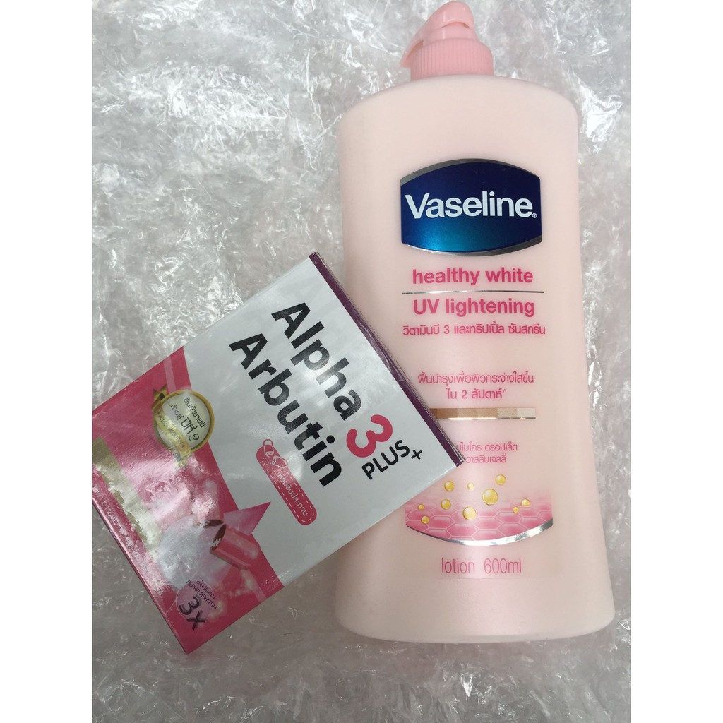 combo dưỡng vaseline 400ml+vỉ 10 viên kích trắng arbutin