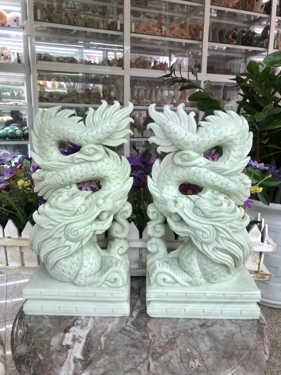 Cặp Rồng đứng phong thủy đá cẩm thạch trắng xanh - Cao 20cm