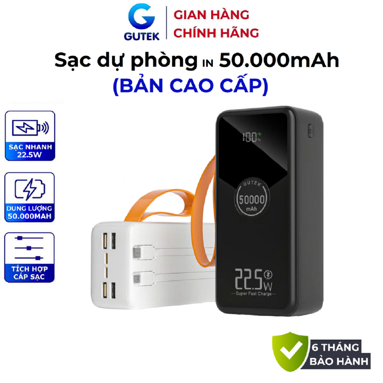 SẠC DỰ PHÒNG GUTEK 30000MAH TÍCH HỢP DÂY CÁP TIỆN LỢI