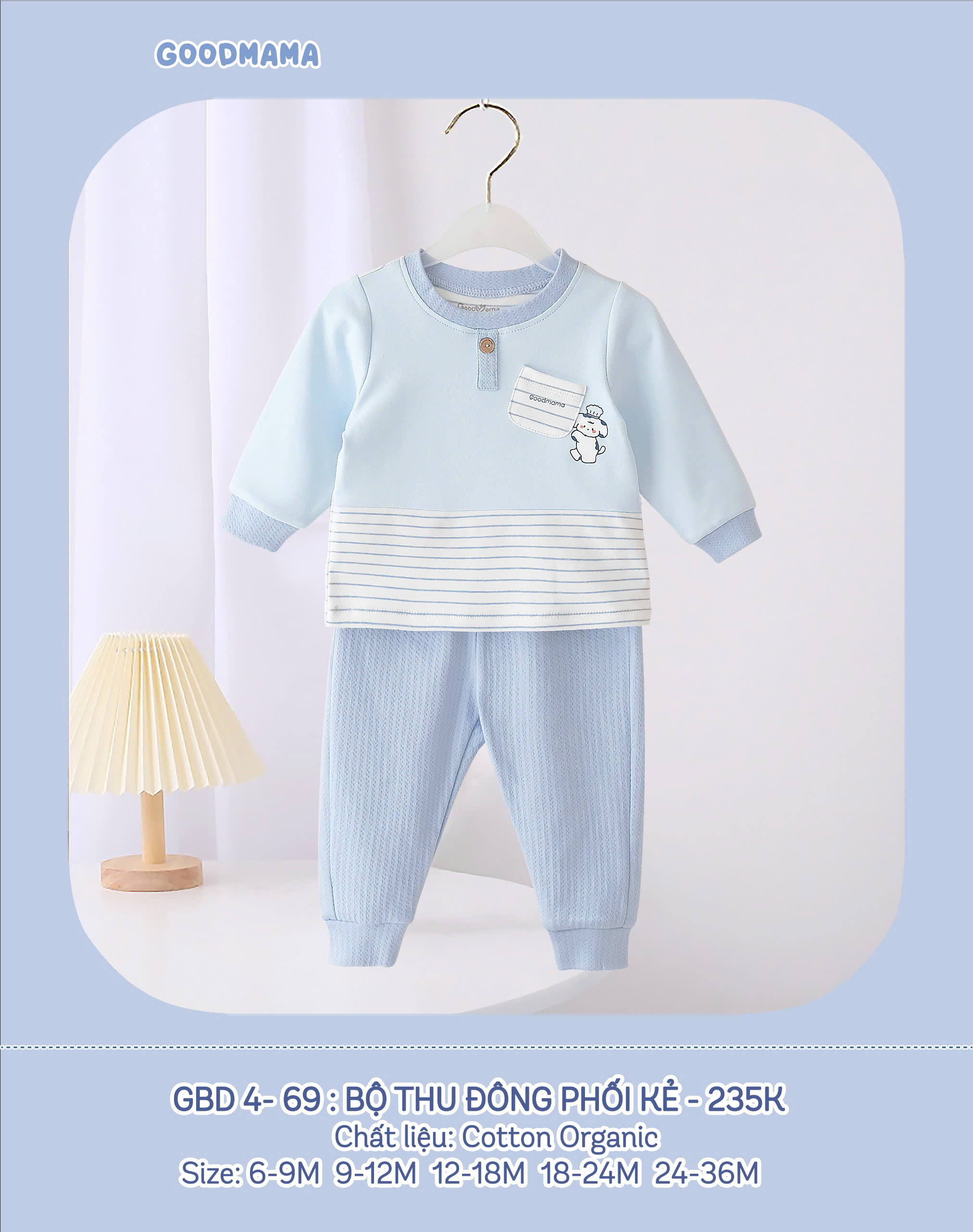 Bộ quần áo dài tay thu đông phối kẻ họa tiết trẻ em GBD 4-69 họa tiết trẻ em Good Mama