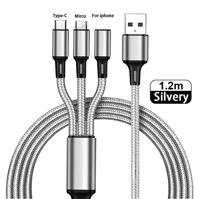 Dây sạc 3 đầu - cáp sạc dây dù đa năng 3 đầu lightning – type c – micro usb cho iphone, samsung, android 1.2 mét