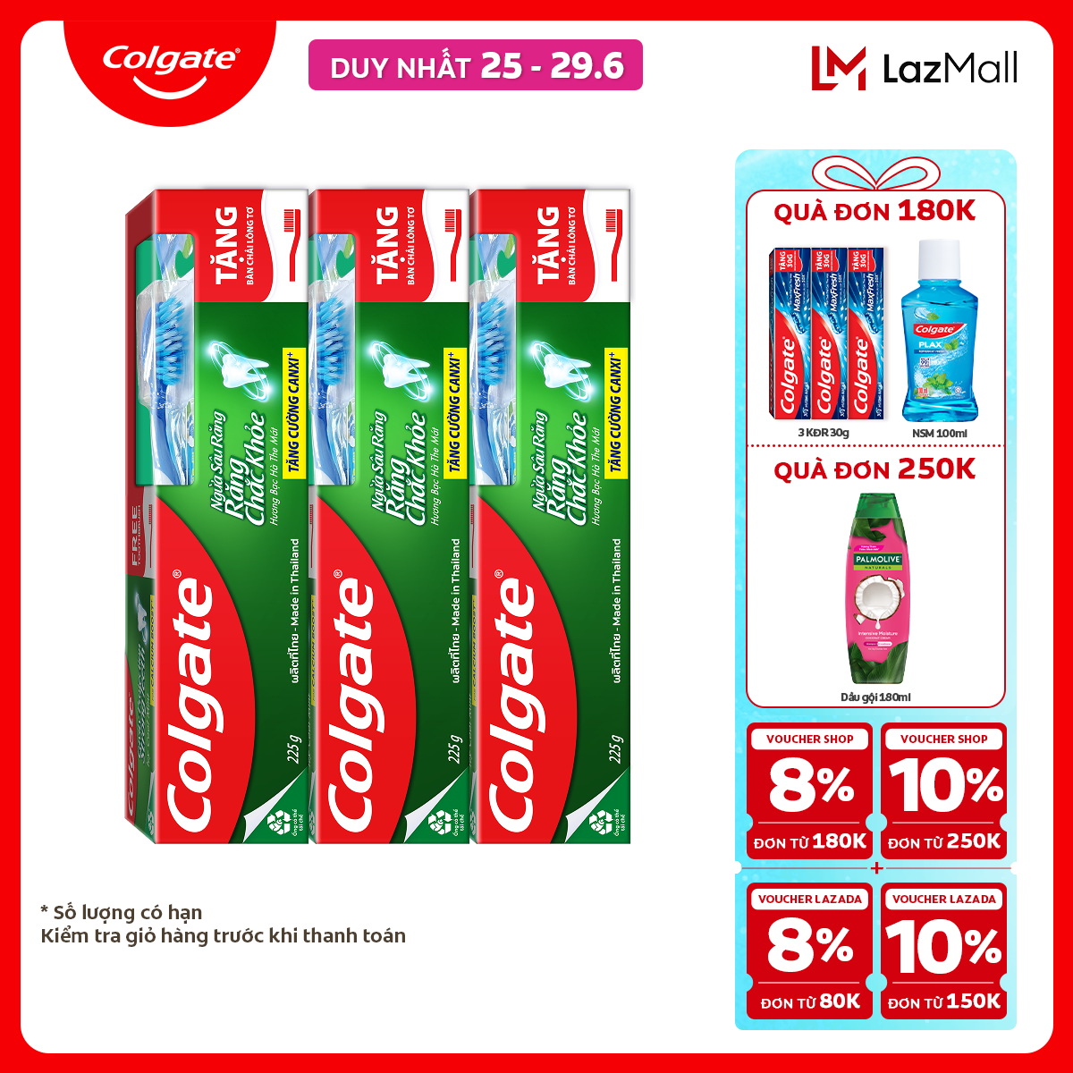 [Chỉ 25-29.6_X2 Voucher giảm đến 20%] Bộ kem đánh răng Colgate ngừa sâu răng răng chắc khỏe 225g/tuýp tặng bàn chải đánh răng lông tơ nhập khẩu Thái Lan