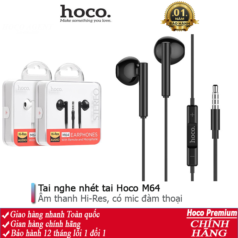 Tai nghe nhét tai Hoco M64 nghe hay có mic đàm thoại, dây dài 1.2m, Jack cắm 3.5mm - Chính hãng