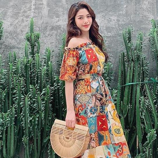 Đâm Maxi Thổ Cẩm Trễ Vai Bohemian