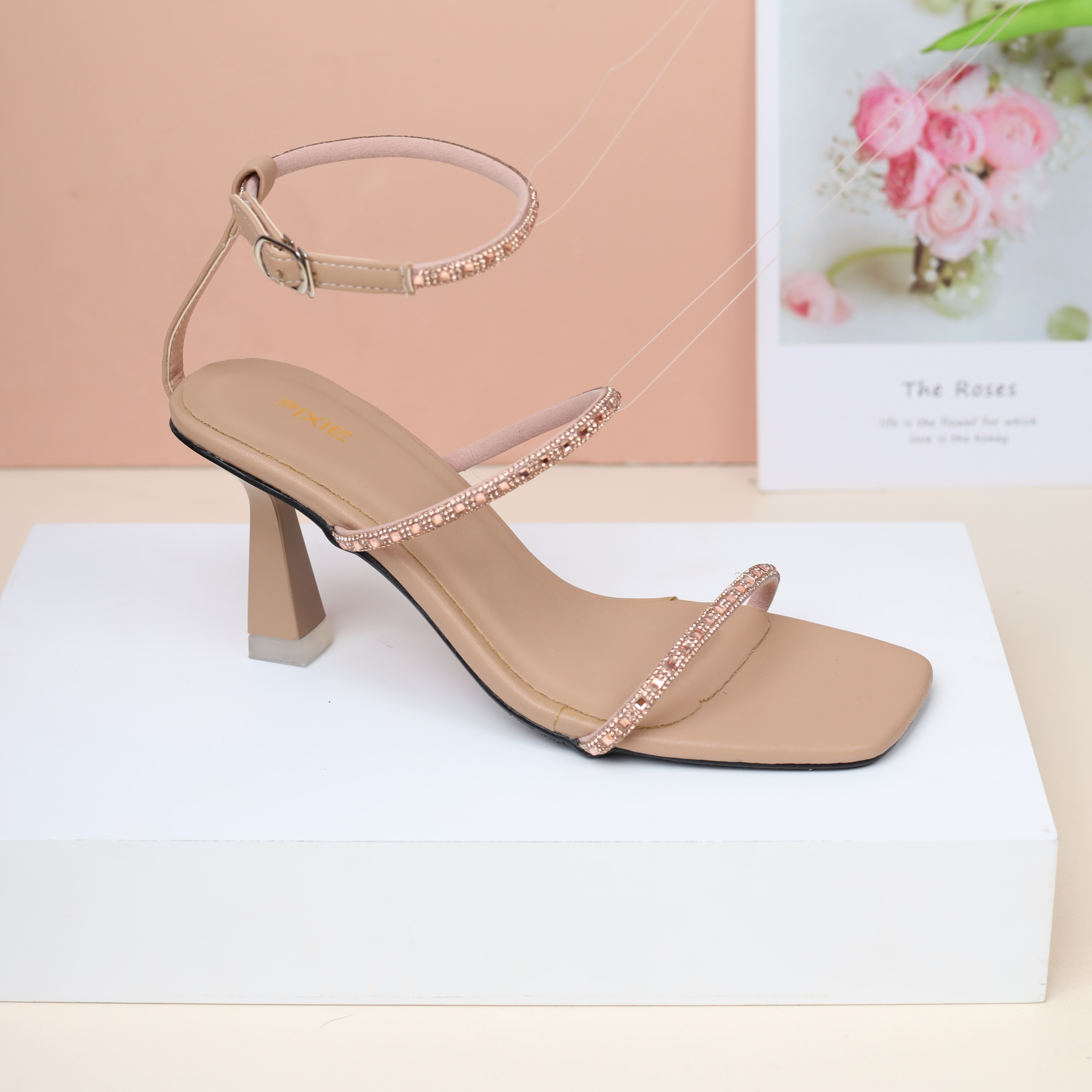 Giày Sandal Kiểu Cao Gót 8cm Hai Quai Đính Đá Pixie H291