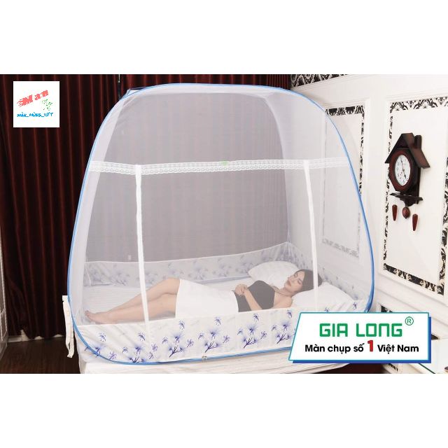 Màn chụp tự bung 2mx2m2 gia long việt nam loại 1 - màn chụp tự bung gia long nhiều kích thước đỉnh vuông màu trắng chân diềm hoa xanh