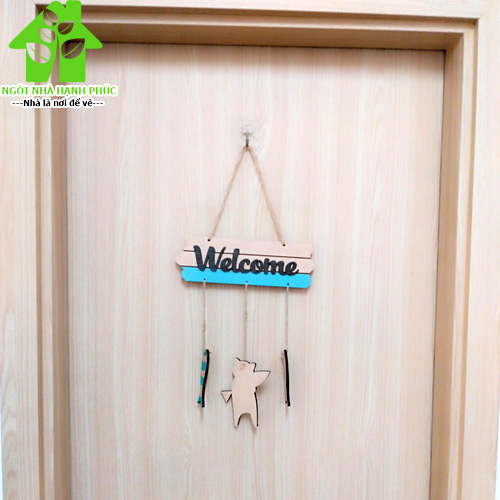 Bảng gỗ decor trang trí CỬA HÀNG 🚀WELCOME MÈO ÔM CÁ🚀 (tặng kem móc treo tường)