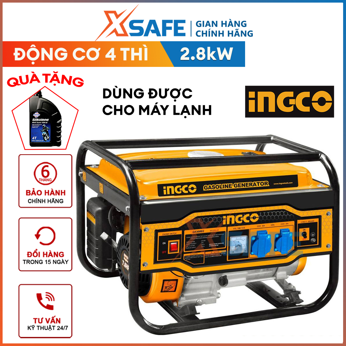 2.8kw ingco generator controlled by gasoline engine ge30005, 4 stroke engine, 15L fuel tank capacity, aluminum wire generator with cooling system: cold air, cylinder capacity 210 -