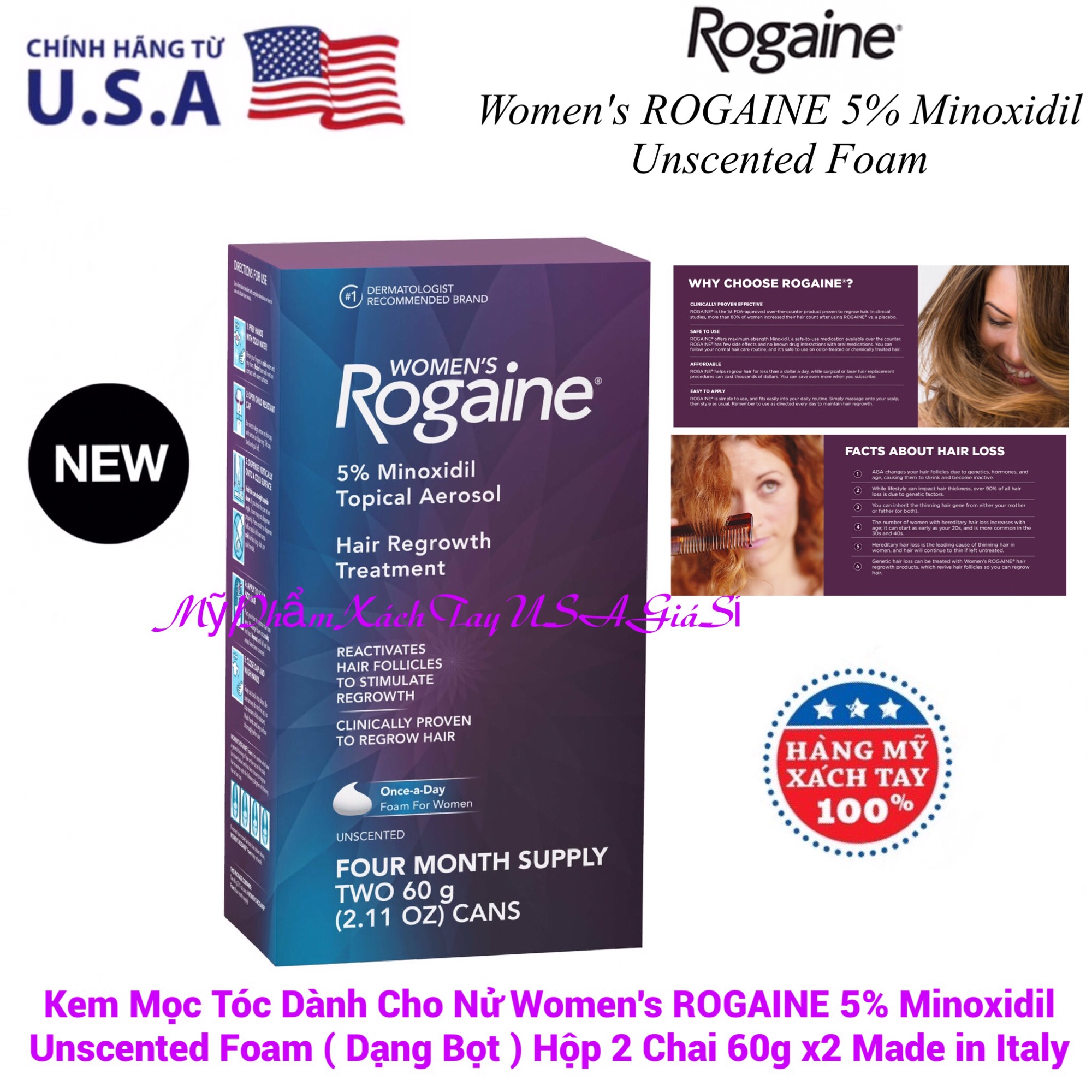 Kem mọc tóc dành cho nử women's rogaine 5% minoxidil unscented foam hộp 2 chai 60g x2 hàng italy