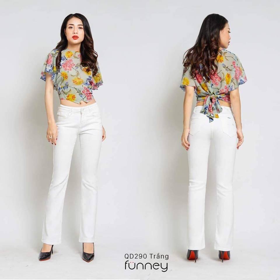 QUần jeans nữ ống loe dài màu trắng