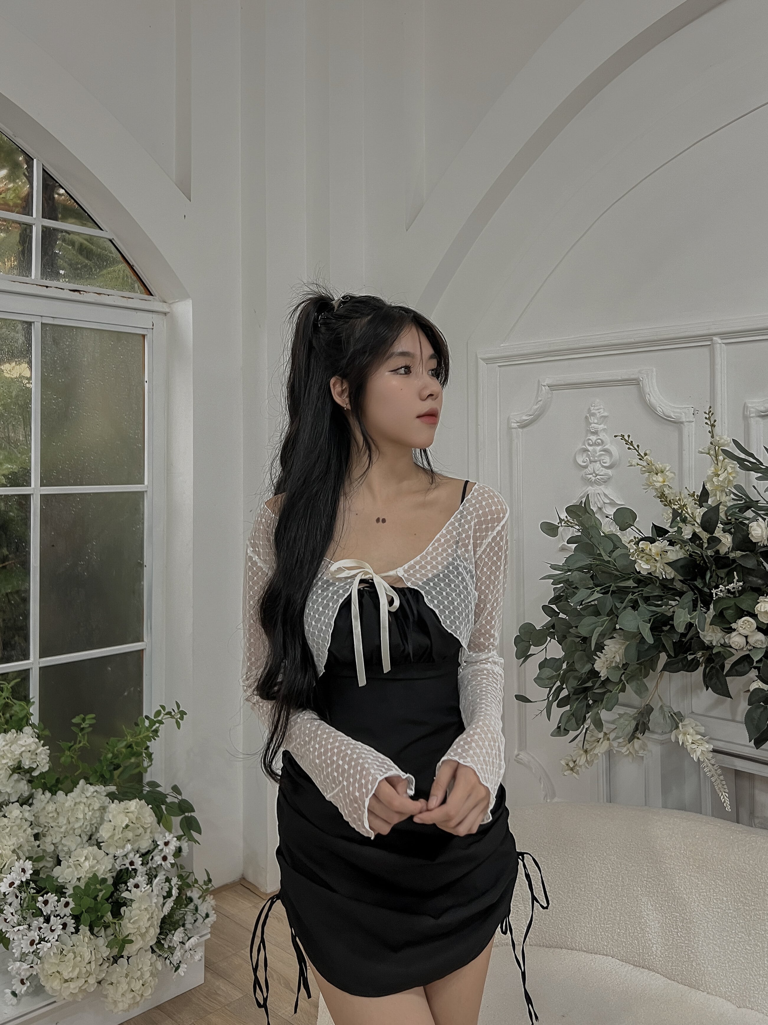 DALLA Áo ren trắng cột nơ/cuốn biên (CDG03)