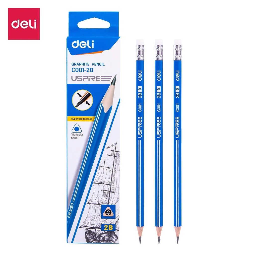 (Hộp 12 Cây) Bút chì tam giác 2B Deli EC001 Có Gôm