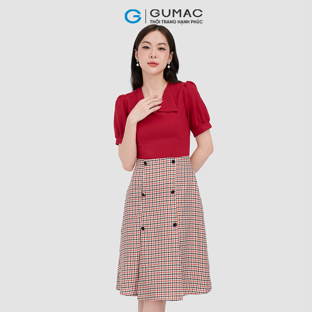 Đầm form A cổ bẻ phối nút GUMAC LD1014