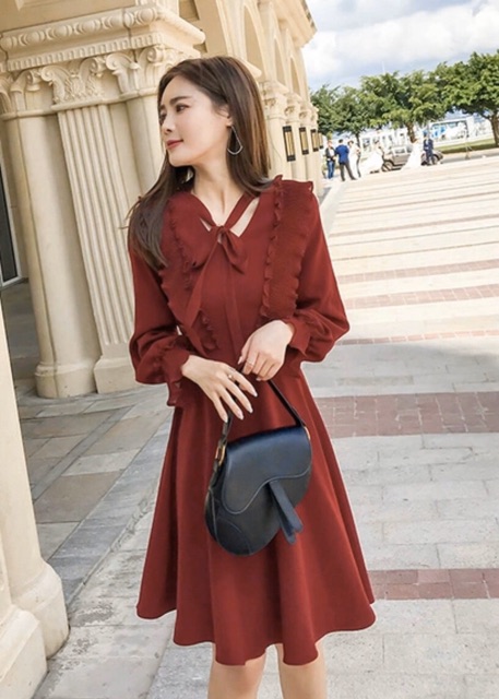 [HCM]Đầm đỏ tay dài phối dập li