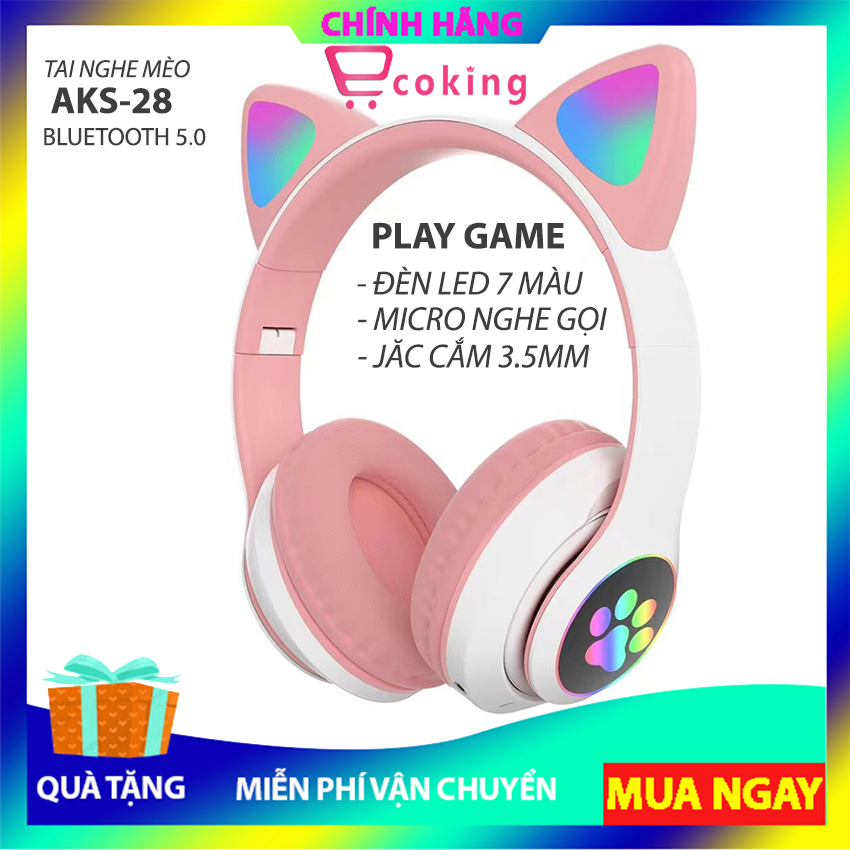 Tai nghe bluetooth mèo chụp tai WIRELESS CAT AKS28 ECOKING mua 1 tặng 1 quà có micro trò chuyện trực tuyến, jăc cắm khi hết pin, kết nối 5.0