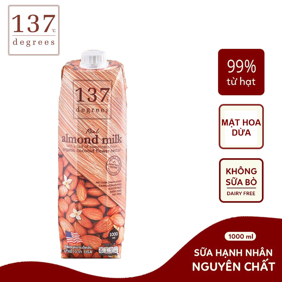 HỘP 1 LÍT SỮA HẠT HẠNH NHÂN NGUYÊN CHẤT ALMOND MILK ORIGINAL 137 DEGREES