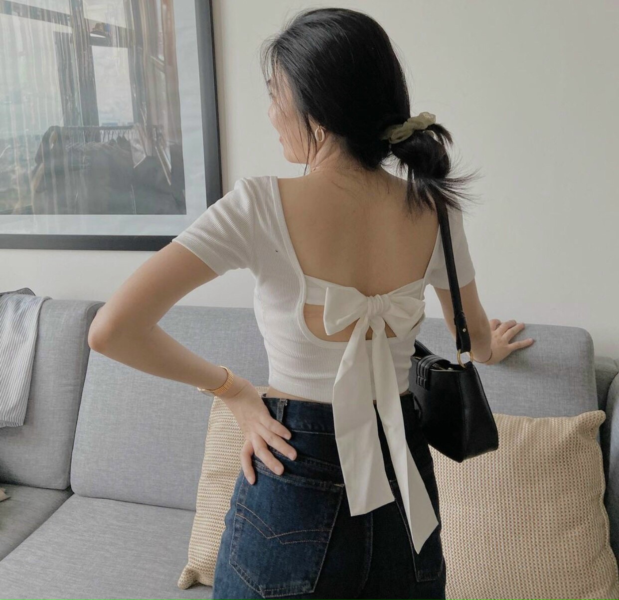 Áo croptop nữ cổ u cột nơ sau lưng siêu xinh phong cách thời trang trẻ trung