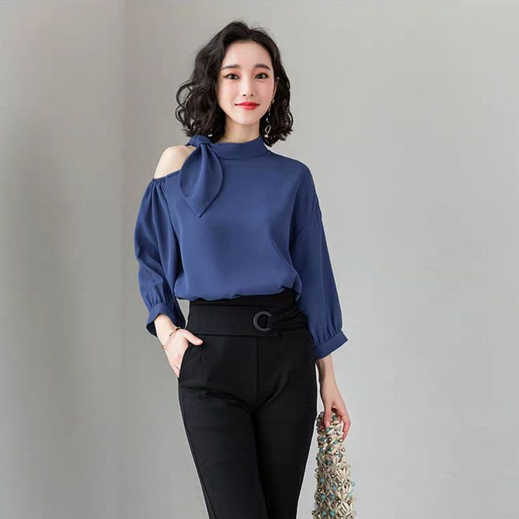 [HCM] Áo Sơ Mi Phối Nơ Vai Xanh Phi Lụa Cách Điệu BEYEU1688 - BY3320