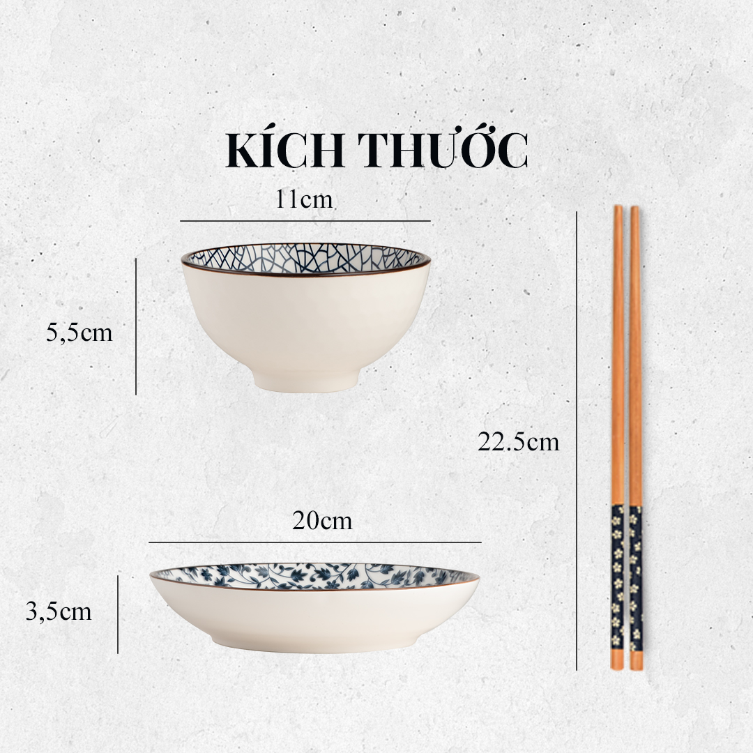 Bộ chén đĩa sứ cao cấp phong cách Nhật Bản (2 chén 2 đĩa 2 đũa)